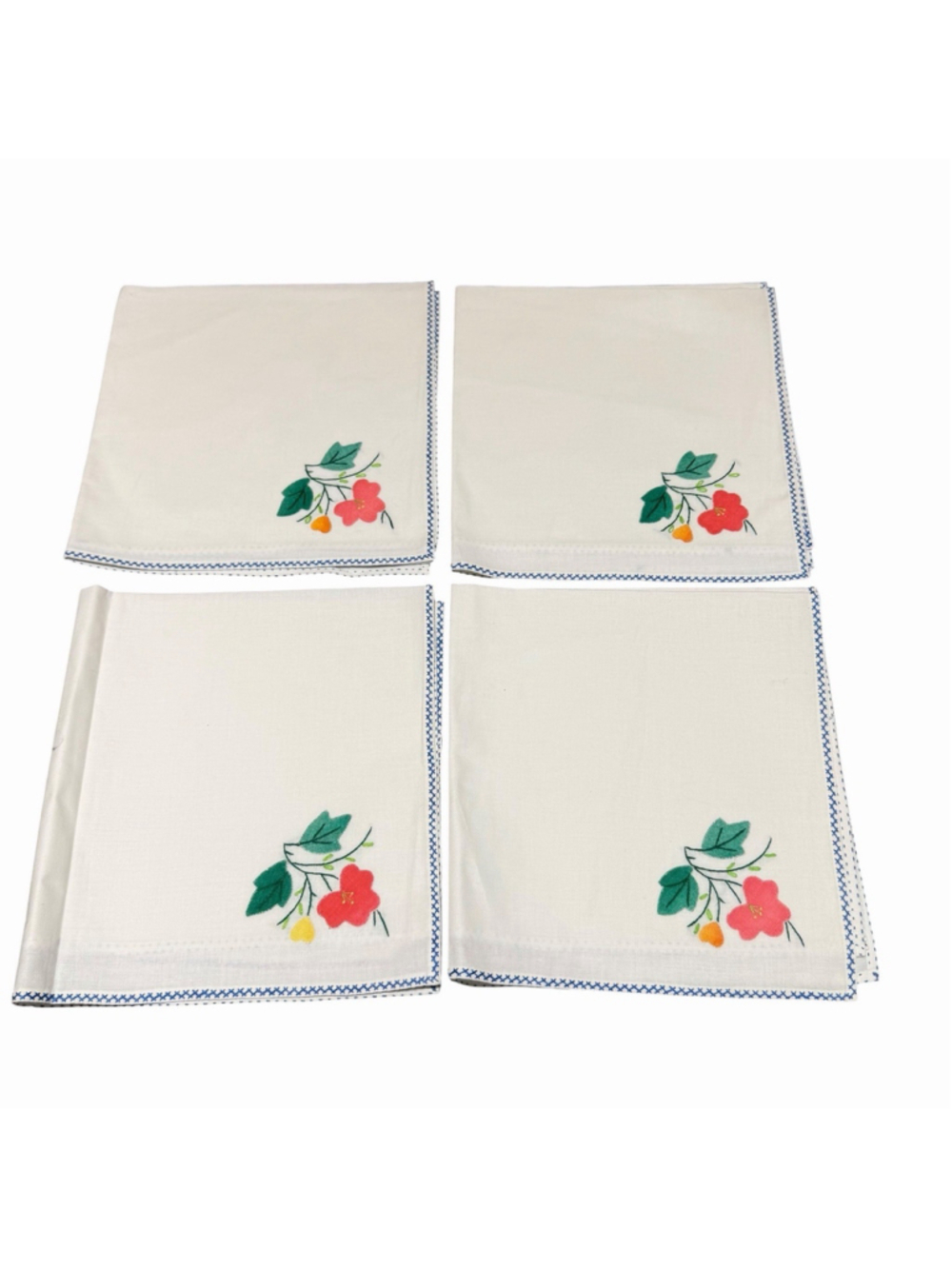 Set 4 Vintage Embroidered Floral Cloth Handkerchiefs Blue Cross Stitch 15.5x15.5